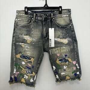 First Row Distressed Paint Splatter Knee Length Denim Shorts Size 34